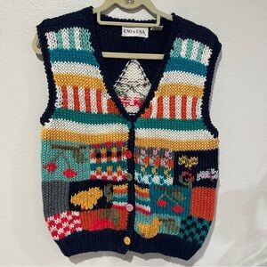 Vintage Multicolor Patchwork Knit Vest Size L Festive Fruit Cherry Pattern